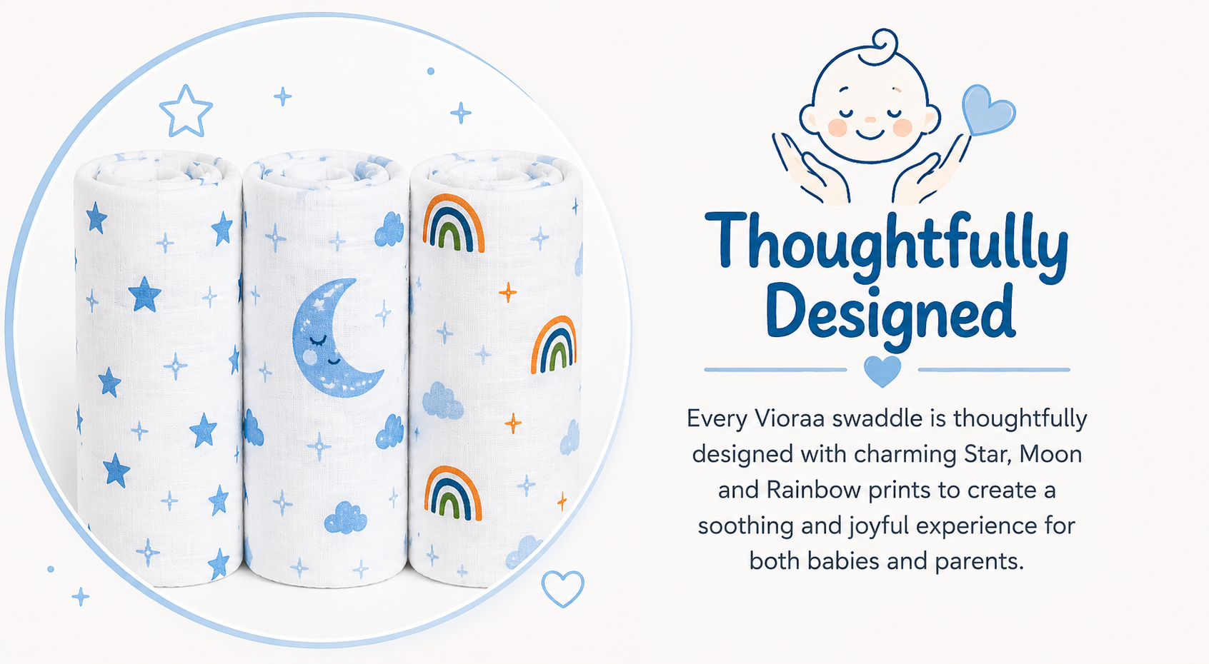 Vioraa Muslin Swaddle Set Featuring Star, Moon and Rainbow Designs